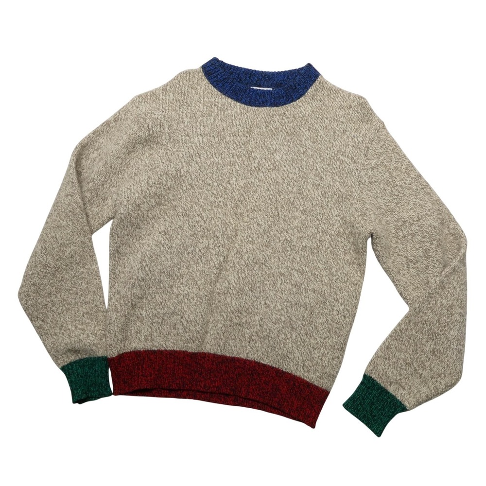 Vintage Plum Sweater Mens L Beige Knit Crewneck Pullover Colorblock Made USA